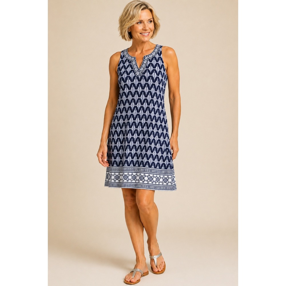 Magnolia Grace Womens Embroidered Split Neck Shift Dress L Boho Navy Blue Summer